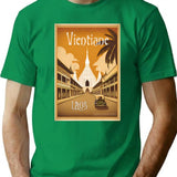 Vintage Travel Art Print Vientiane Laos Streetscape And Buddhist Temple T-Shirt for Men & Women, T-Shirts Graphic Tee - Green