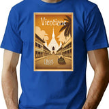 Vintage Travel Art Print Vientiane Laos Streetscape And Buddhist Temple T-Shirt for Men & Women, T-Shirts Graphic Tee - Blue