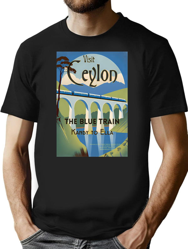 Vintage Travel Art Print Visit Ceylon The Blue Train Kandy To Ella T-Shirt for Men & Women, T-Shirts Graphic Tee - Black