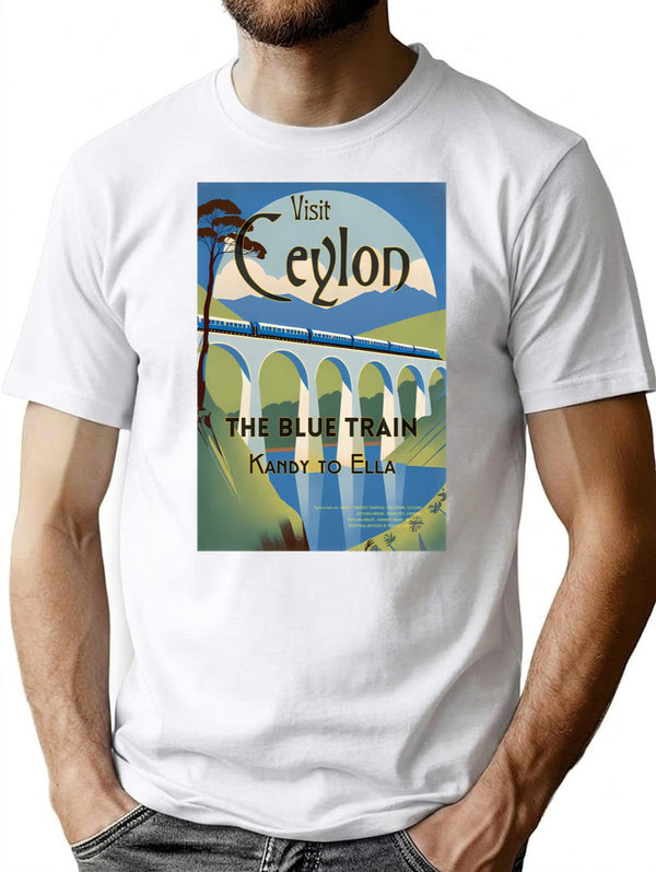 Vintage Travel Art Print Visit Ceylon The Blue Train Kandy To Ella T-Shirt for Men & Women, T-Shirts Graphic Tee - White