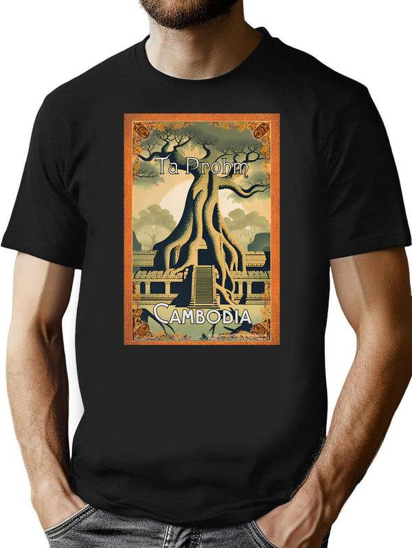 Vintage Travel Art Ta Prohm Temple At Angkor Cambodia T-Shirt for Men & Women, T-Shirts Graphic Tee - Black