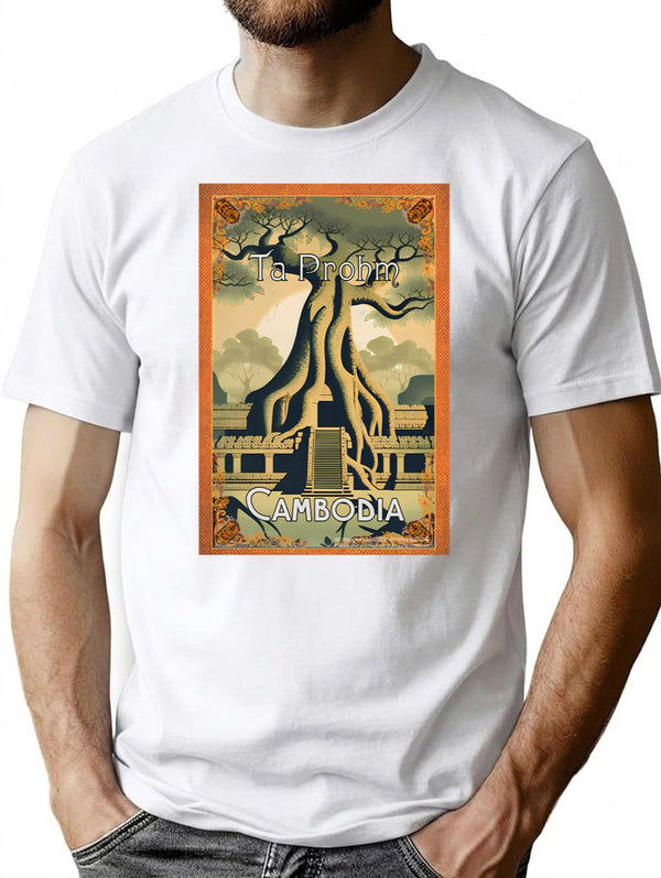 Vintage Travel Art Ta Prohm Temple At Angkor Cambodia T-Shirt for Men & Women, T-Shirts Graphic Tee - White