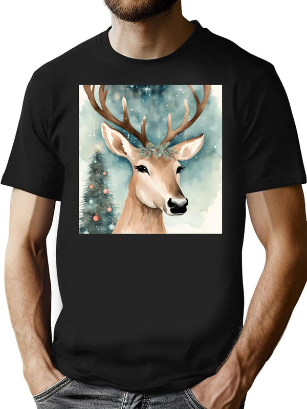 Vintage Watercolour Reindeer - Elegant Christmas Design T-Shirt for Men & Women, T-Shirts Graphic Tee - Black