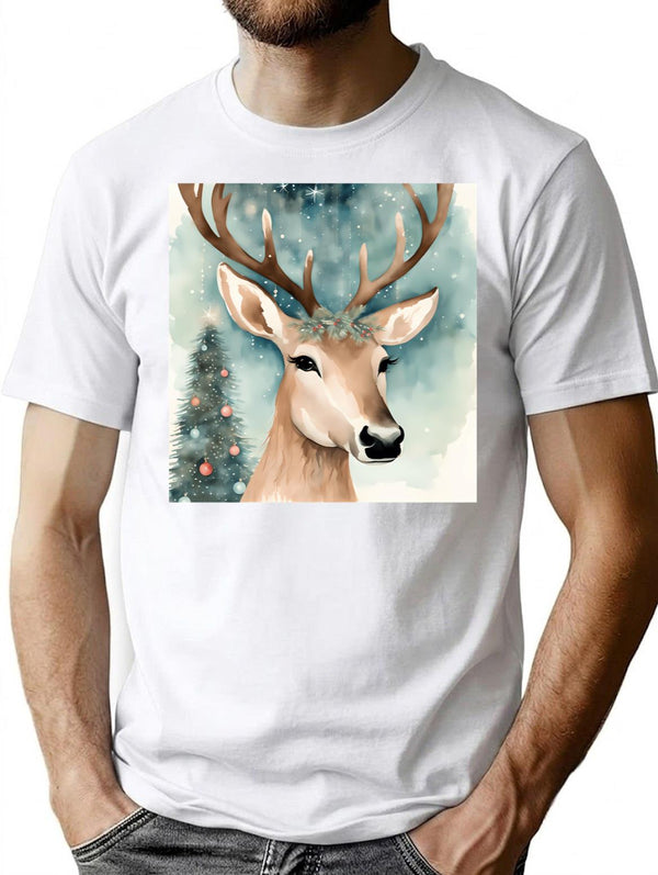Vintage Watercolour Reindeer - Elegant Christmas Design T-Shirt for Men & Women, T-Shirts Graphic Tee - White