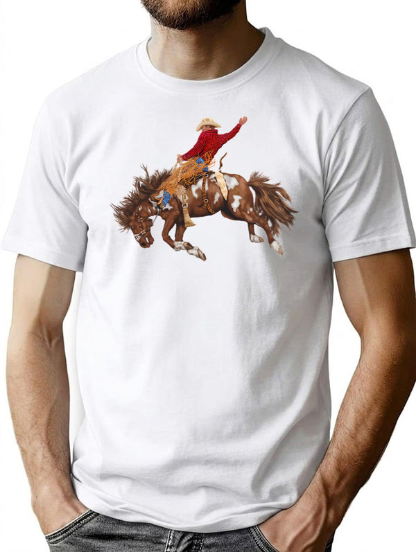 Vintage Western Rodeo Art Bronco Busting Cowboy T-Shirt for Men & Women, T-Shirts Graphic Tee - White