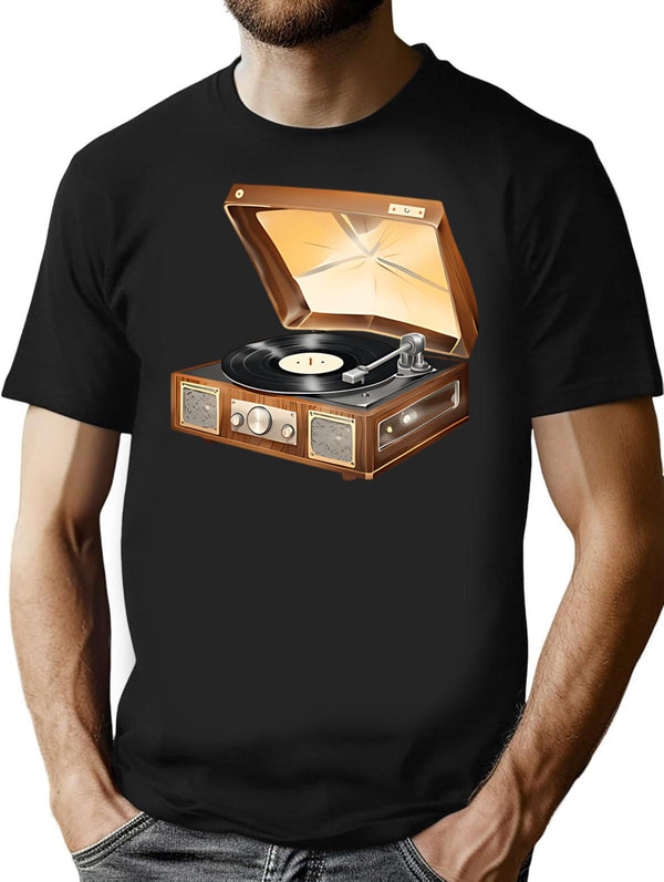 Vintage Wooden Record Player T-Shirt for Men & Women, T-Shirts Graphic Tee - Black