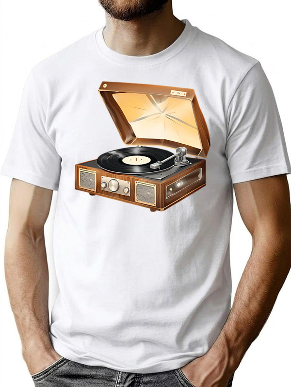 Vintage Wooden Record Player T-Shirt for Men & Women, T-Shirts Graphic Tee - White