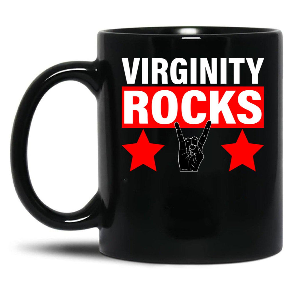 Virginity Rocks Hand Sign Black Coffee Mug, Gift Coffee Mug