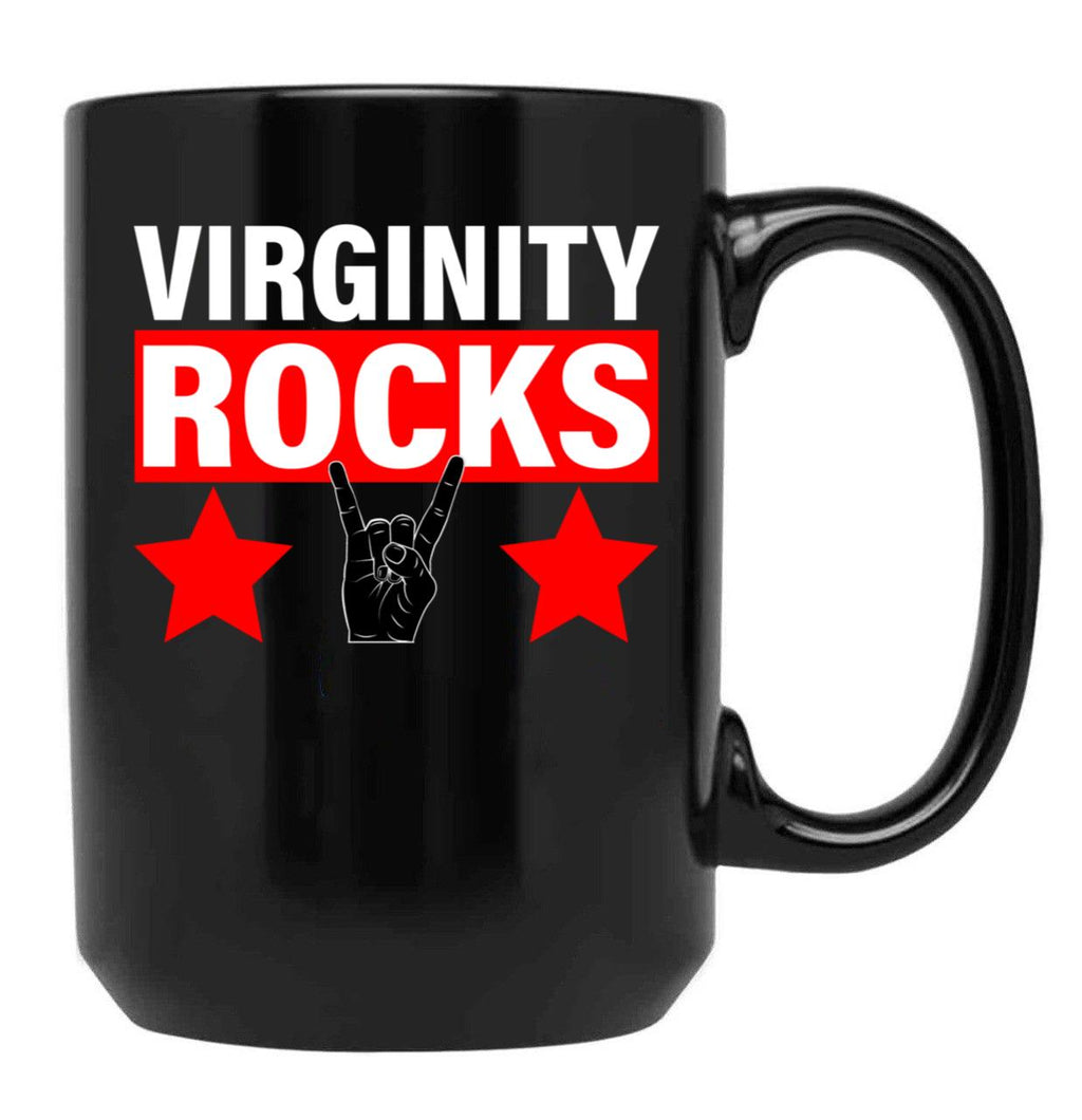 Virginity Rocks Hand Sign Black Coffee Mug, Gift Coffee Mug