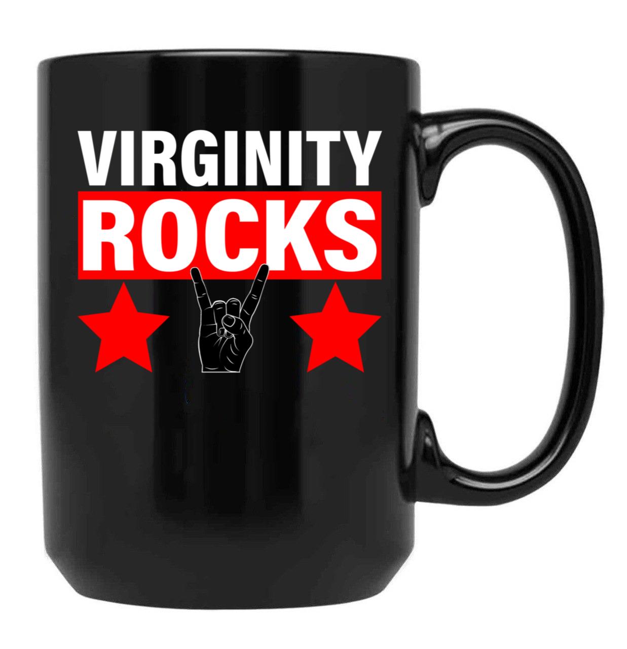 Virginity Rocks Hand Sign Black Coffee Mug, Gift Coffee Mug