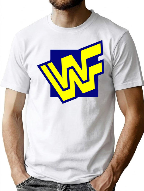 W.W.F. 90S Block Logo T-Shirt for Men & Women, T-Shirts Graphic Tee - White