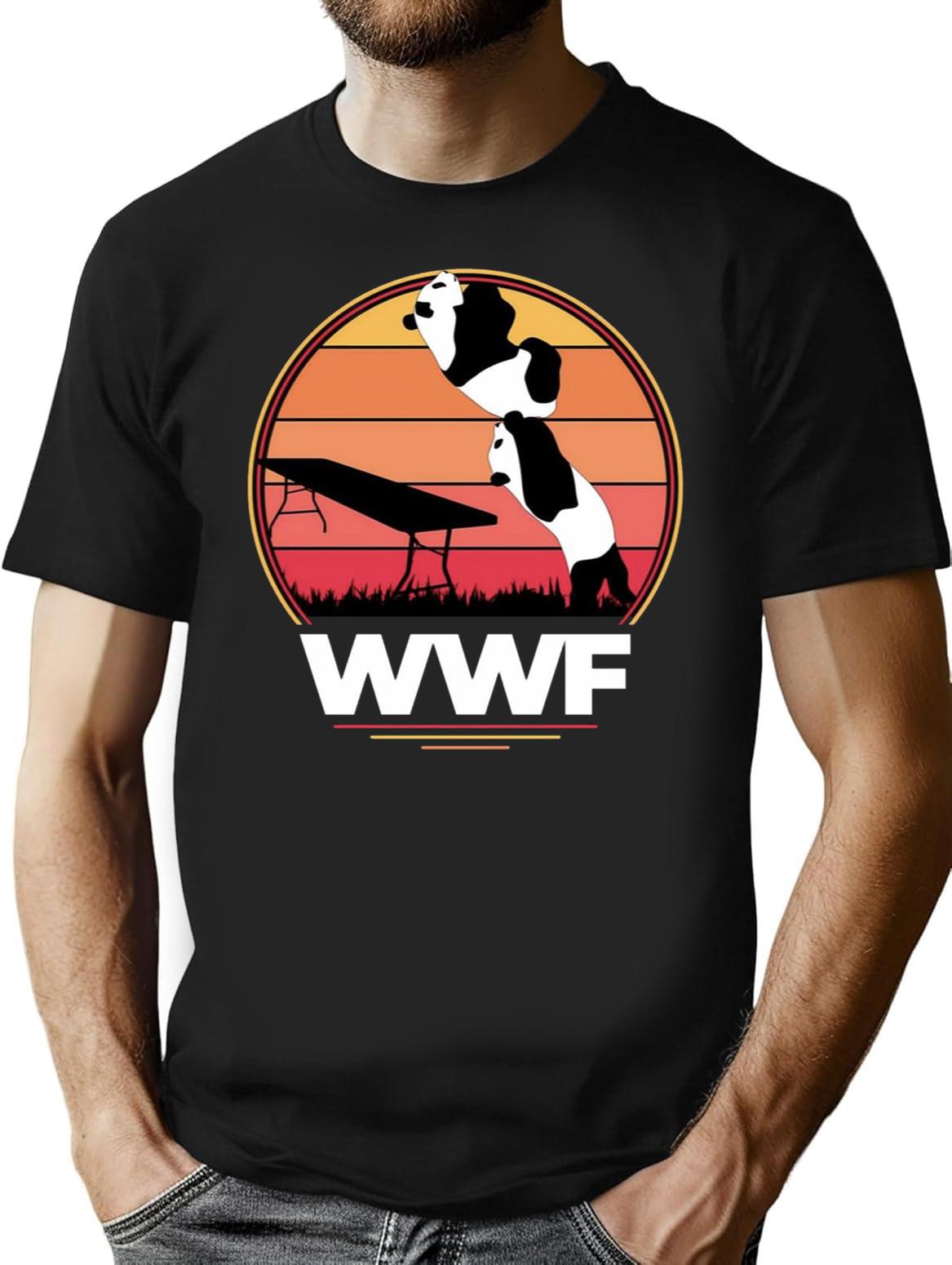 WWF Wrestling Pandas Premium Heavyweight Cotton T-Shirt - Black