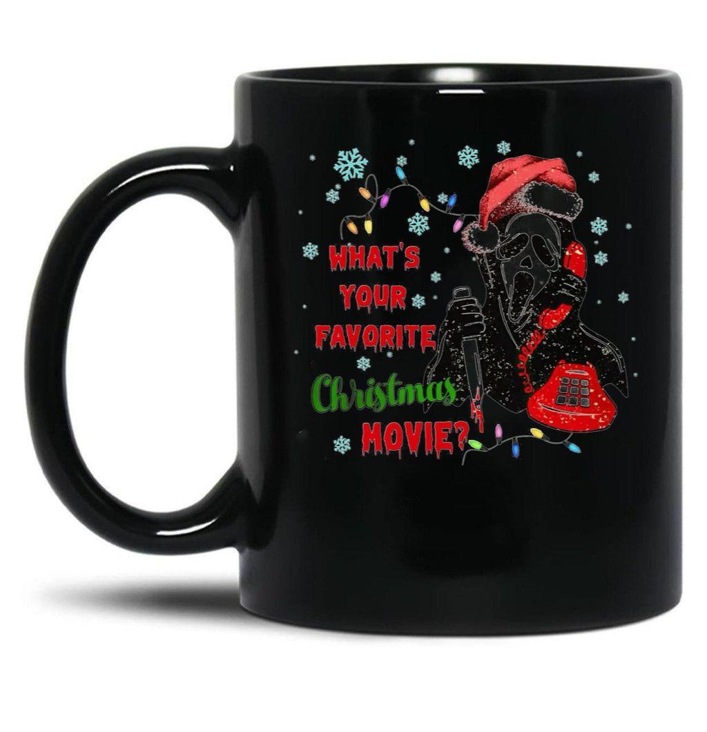 What's Your Favorite Horror Movie Christmas Xmas Holiday Ghostface Black Coffee Mug, Gift Coffee Mug