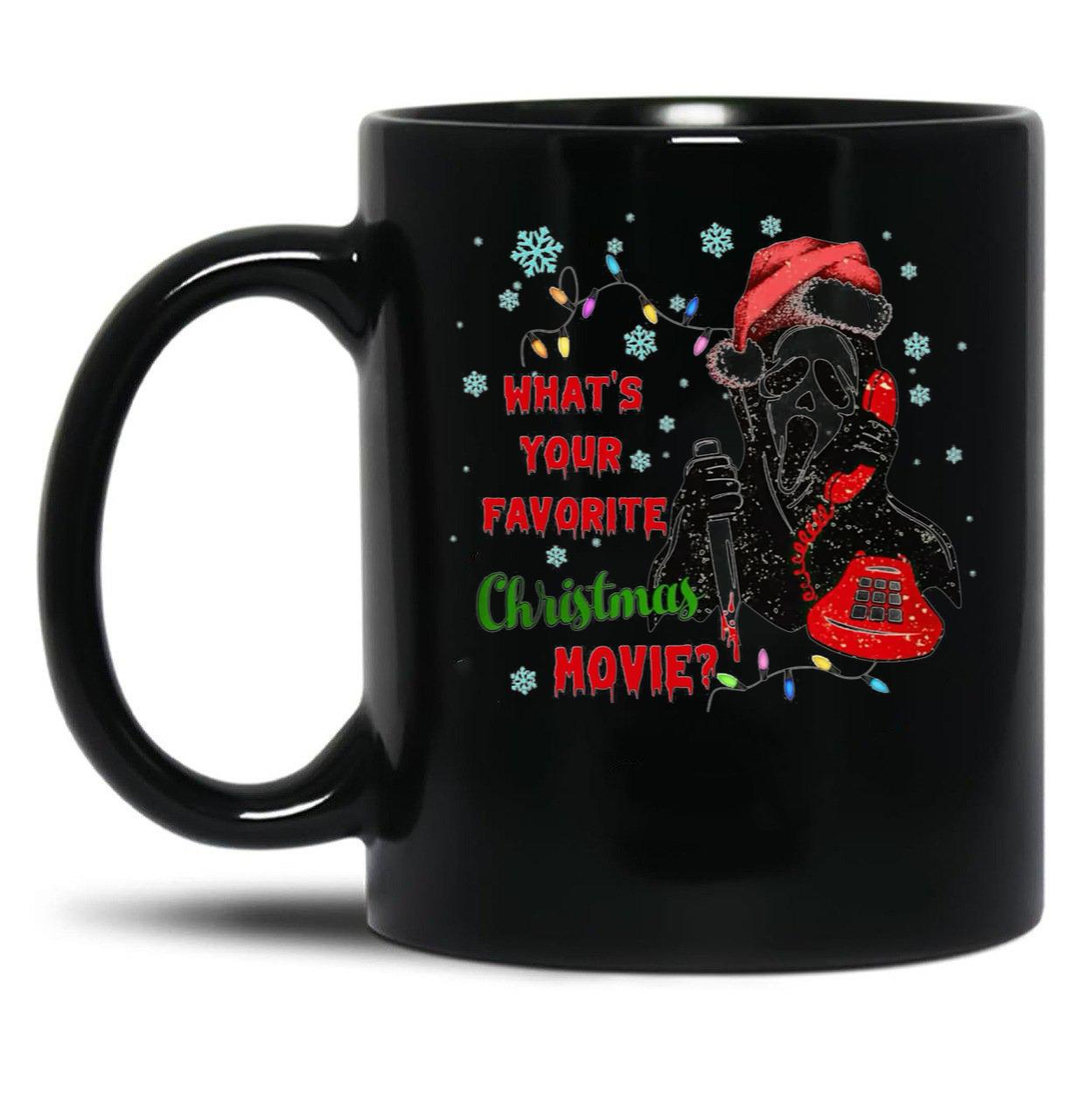 What's Your Favorite Horror Movie Christmas Xmas Holiday Ghostface Black Coffee Mug, Gift Coffee Mug