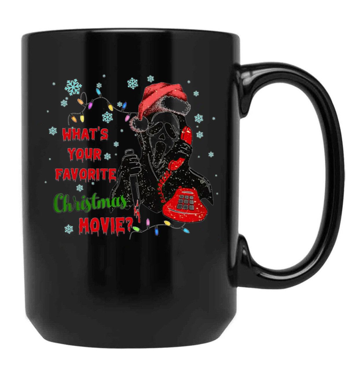 What's Your Favorite Horror Movie Christmas Xmas Holiday Ghostface Black Coffee Mug, Gift Coffee Mug