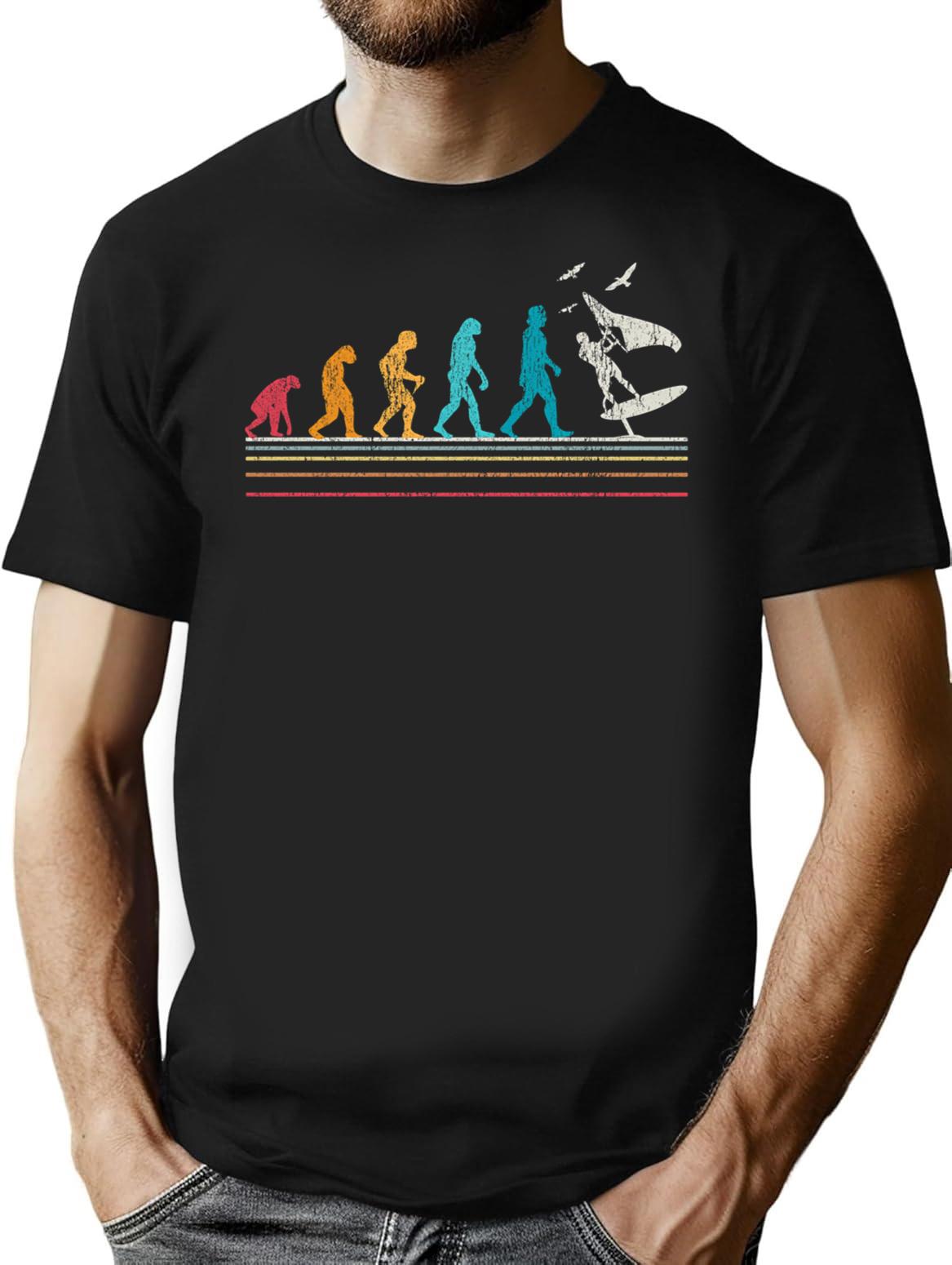 Wing Foiling Evolution For Surfers I Retro Vintage T-Shirt for Men & Women, T-Shirts Graphic Tee - Black