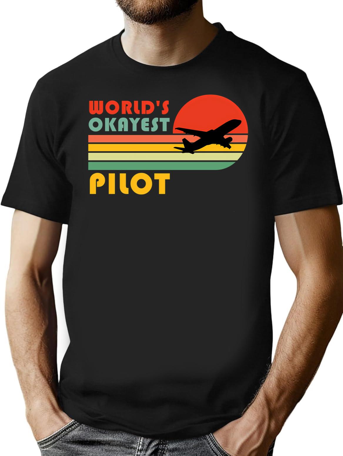 World'S Okayest Pilot Funny Pilot Retro Vintage Gift T-Shirt for Men & Women, T-Shirts Graphic Tee - Black