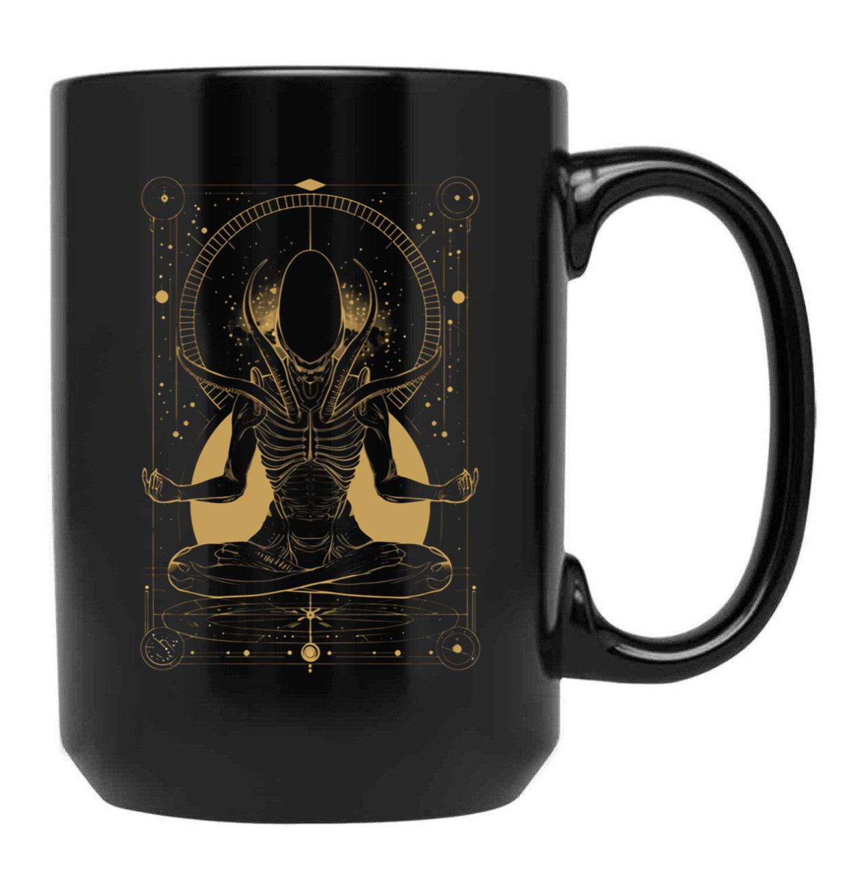 Xenomorph Meditating Tarot Card Design Premium Black Coffee Mug, Gift Coffee Mug